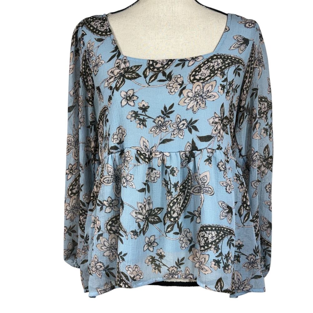 American Eagle Small Babydoll Top Floral Long Balloon Sleeves Square Neck Ties